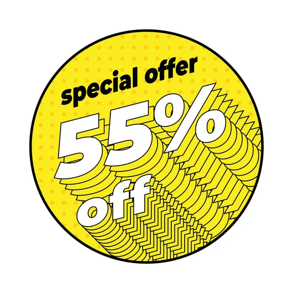 Yellow rounded discount label 55 percent off in the pop art dotted style with isometric bordered typography.