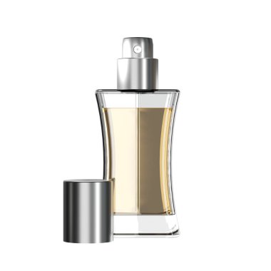 Boş bir zemin üzerinde sarı sıvı bulunan temiz camdan yapılmış bir parfüm şişesi. 3D görüntüleme, parlak yüzey, gümüş elementler.