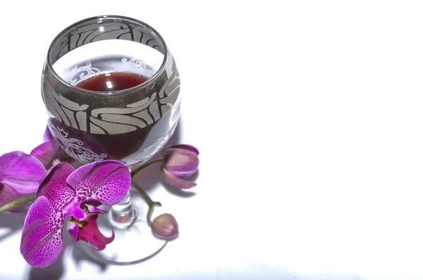 çiçek orkide ve kırmızı şarap şarap cam