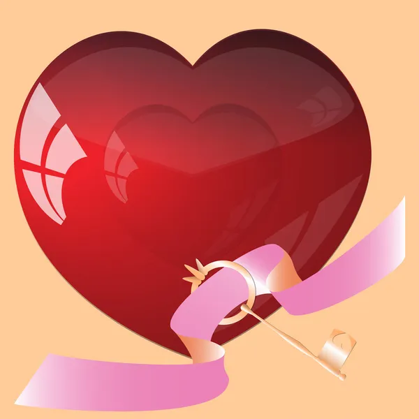 Czerwone serce i klucz na różową wstążką — Zdjęcie stockowe