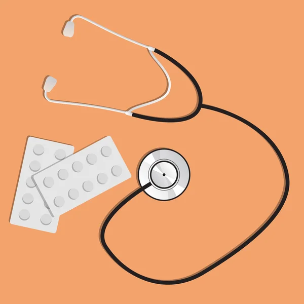 Stethoscope and pills on orange background — Stock Vector