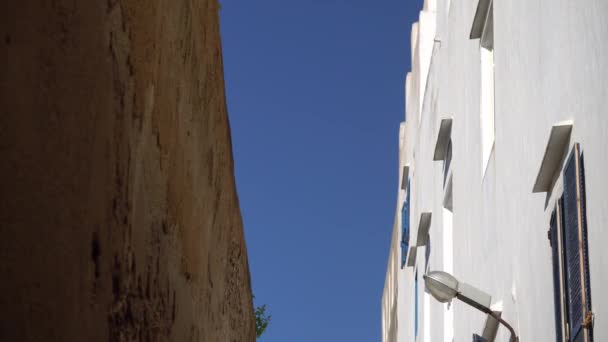 Чайки, летающие над стенами и белыми зданиями крепости Эс-Сувейра — стоковое видео