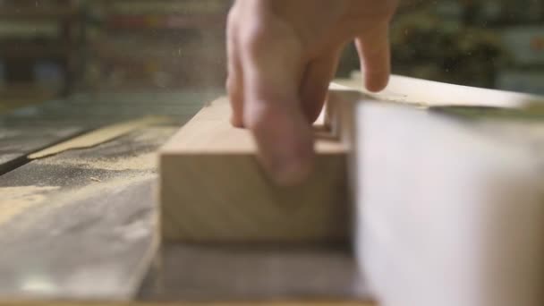 Zeitlupe des Sägens von Holzbrettern auf elektrischer Kreissäge, Nahaufnahme — Stockvideo