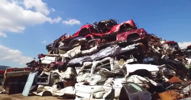 Automobili Scrapyard Facility, cumulo massiccio di automobili distrutte il giorno soleggiato — Video Stock