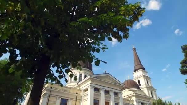 Odessa Ucraina, Cattedrale ortodossa nei dintorni verdi il giorno del sole — Video Stock