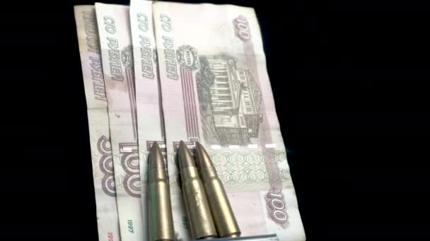 Russian Rubles Banknotes Automatic Rifle Bullets War Economy Concept Close — Stock Video