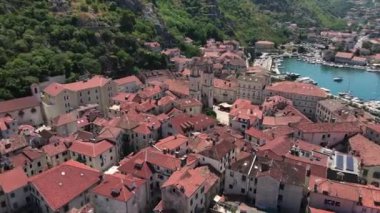 Kotor Old Town, Montenegro, Drone Aerial View, Ancient Fort and Cruise Ship Port Tourist Destination on Sunny Summer Day 4k