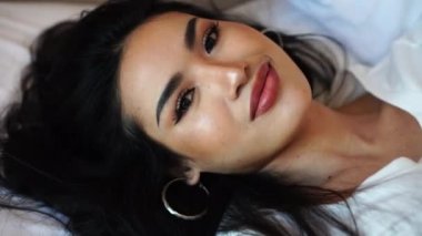 Portrait of Beautiful Sexy Young Asian Woman Lying in Bed 4k