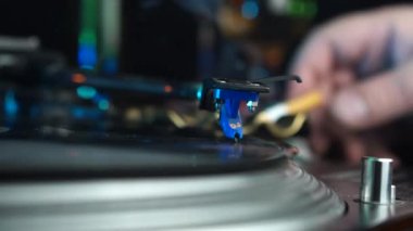 DJ Gramophone Turntable and Cigarette Smoke, Disco Party in 1980s, Close Up Detail 4k