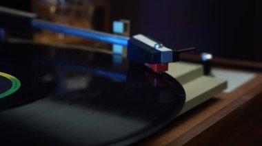 Starting Vintage Gramophone and Placing Needle on Long Play Vinyl Record, Close Up 4k