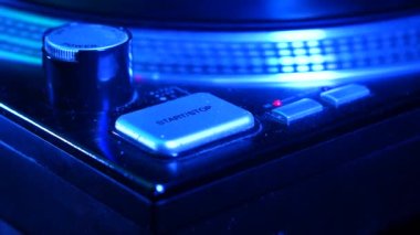 Pressing Start on Professional DJ Gramophone in Disco Club Party in 1980s, Close Up 4k