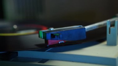 Vintage Gramophone Needle on Spinning Long Play Vinyl Record, Close Up 4k