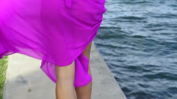 Terug Gezicht Aantrekkelijke Jonge Vrouw Roze Jurk Wandelen Aan Zee — Stockvideo