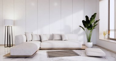 İç mekan, oturma odası modern minimalist beyaz duvarda kanepe ve granit döşeme 3D döşeme