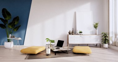 Kabine, Armchiar, Bitkiler ve dekorasyon beyaz ve mavi oda duvarları 3D tasarım ahşap