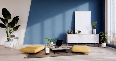 Kabine, Armchiar, Bitkiler ve dekorasyon beyaz ve mavi oda duvarları 3D tasarım ahşap