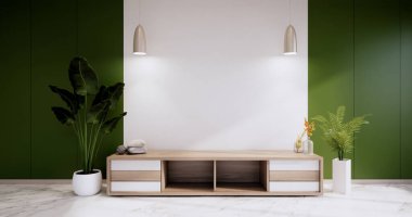Modern boş odada dolap, granit zeminde yeşil duvar tasarımı, 3D görüntüleme.