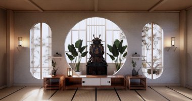 Kabine ahşap tasarımı, oda içi, modern Japon tarzı 3D tasarım.