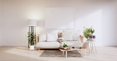 Minimalist iç mekan, mobilya ve bitkiler, modern oda dizaynı 3D