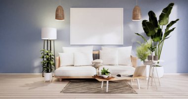 Minimalist iç mekan, mobilya ve bitkiler, modern mavi gökyüzü odası 3D tasarım