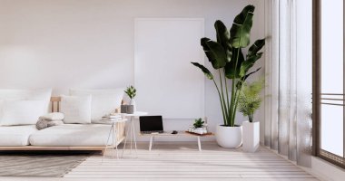 Minimalist iç mekan, mobilya ve bitkiler, modern oda dizaynı 3D