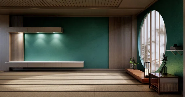 キャビネットモックアップ 最小ミントリビングルーム 畳の床とアームチェアのデザイン — ストック写真