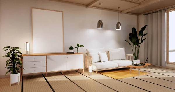 Cabinet Dans Salon Avec Tapis Tatami Canapé Design Fauteuil Rendu — Photo