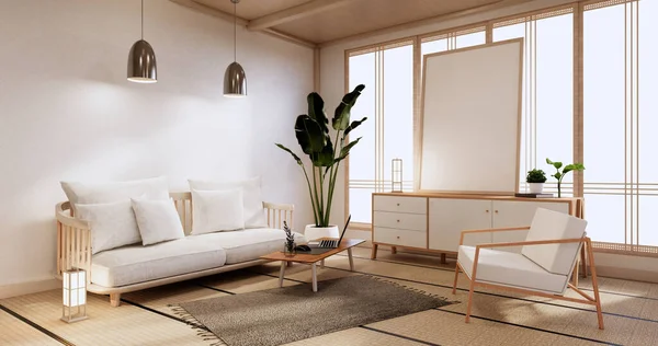 Kabinet Woonkamer Met Tatami Mat Vloer Sofa Fauteuil Design Rendering — Stockfoto