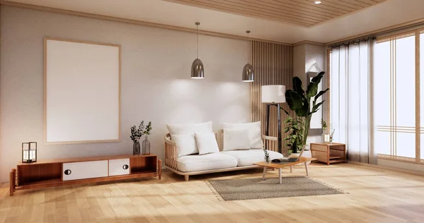 客厅里的橱柜 有折叠式垫子地板和沙发扶手椅设计 3D渲染 — 图库照片