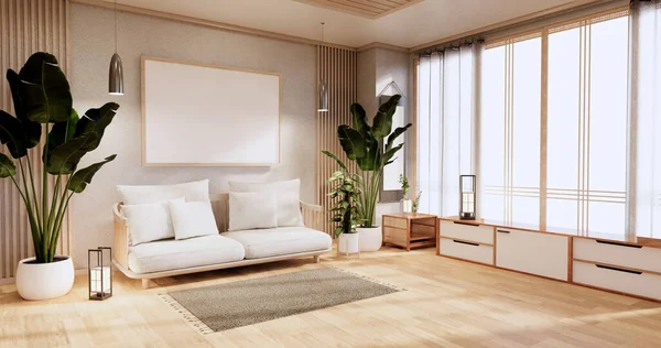 Szafka Salonie Podłogą Maty Tatami Sofą Fotela Design Rendering — Zdjęcie stockowe