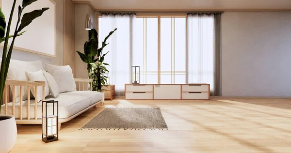 畳の床とソファアームチェアのデザインのリビングルームでキャビネット — ストック写真