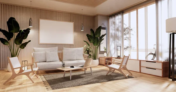 Kabinet Woonkamer Met Tatami Mat Vloer Sofa Fauteuil Design Rendering — Stockfoto