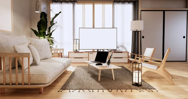 Szafka Salonie Podłogą Maty Tatami Sofą Fotela Design Rendering — Zdjęcie stockowe