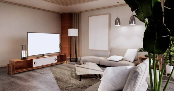 Kabinet Ruang Tamu Dengan Lantai Tatami Tikar Dan Sofa Kursi — Stok Foto