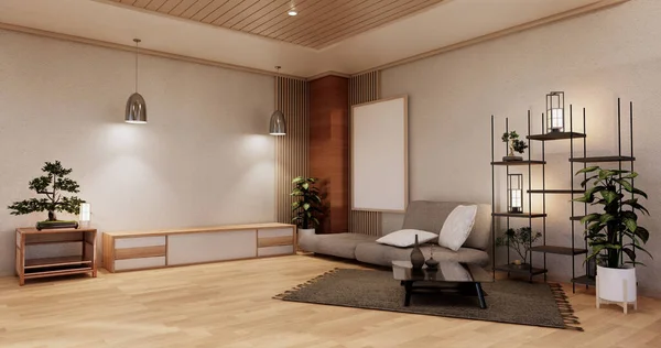 现代日本客厅的内部 沙发和橱柜桌子在房间的白墙背景上 — 图库照片