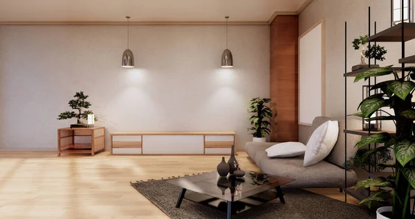 Moderna Sala Estar Japonesa Interior Sofá Mesa Gabinete Habitación Fondo —  Fotos de Stock