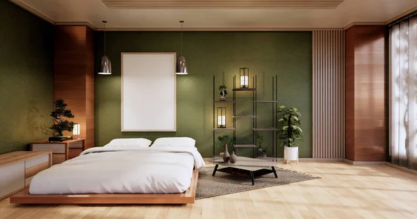 日本の緑の寝室で禅ベッドの植物や装飾品とインテリアモックアップ 3Dレンダリング — ストック写真