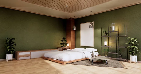Maqueta Interior Con Zen Planta Cama Decoarción Dormitorio Verde Japonés —  Fotos de Stock
