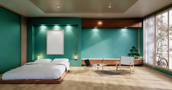 日本のミントの寝室で禅ベッドの植物や装飾品とインテリアモックアップ 3Dレンダリング — ストック写真