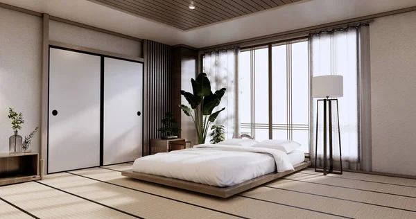 Mekan Japon Yatak Odasındaki Zen Yatak Bitkisi Sahte Dekoarasyon Ile — Stok fotoğraf