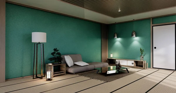 現代的なミント日本のリビングルームのインテリア 白い壁の背景にソファとキャビネットテーブル — ストック写真