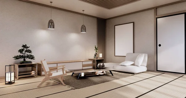 Moderní Japonský Obývací Pokoj Interiér Pohovka Skříň Stůl Pokoji Bílá — Stock fotografie