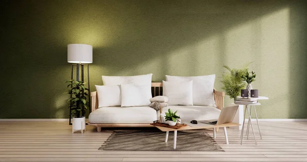 Interior Minimalista Sofá Móveis Plantas Design Sala Verde Moderna Renderização — Fotografia de Stock