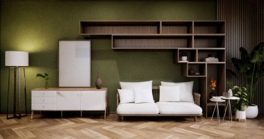 Yeşil duvar tasarım odasındaki dolaplar dekorasyon, lamba, bitki, halı, 3D tasarım