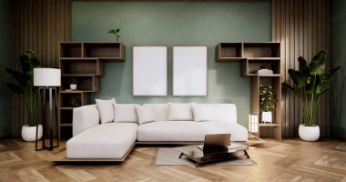 Yeşil duvar tasarım odasındaki dolaplar dekorasyon, lamba, bitki, halı, 3D tasarım