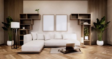 Dekorasyonu, lambası, bitkileri, halısı ve 3D 'si olan duvar tasarım odasındaki dolaplar.