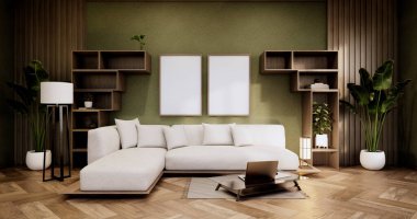 Yeşil duvar tasarım odasındaki dolaplar dekorasyon, lamba, bitki, halı, 3D tasarım