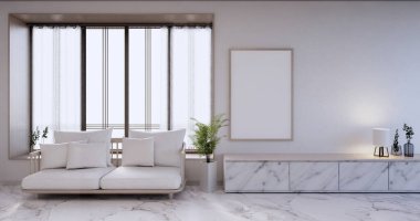 Livingroom 'daki boş odada granit dolap ve kanepe. 3d oluşturma