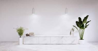 Livingroom 'daki boş odada granit dolap. 3d oluşturma