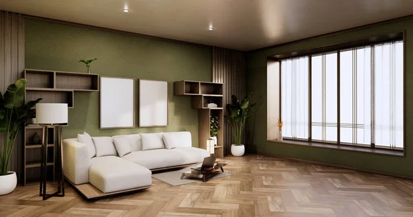 Półki Szafy Green Wall Design Room Dekoracją Lampą Roślinami Dywanem — Zdjęcie stockowe
